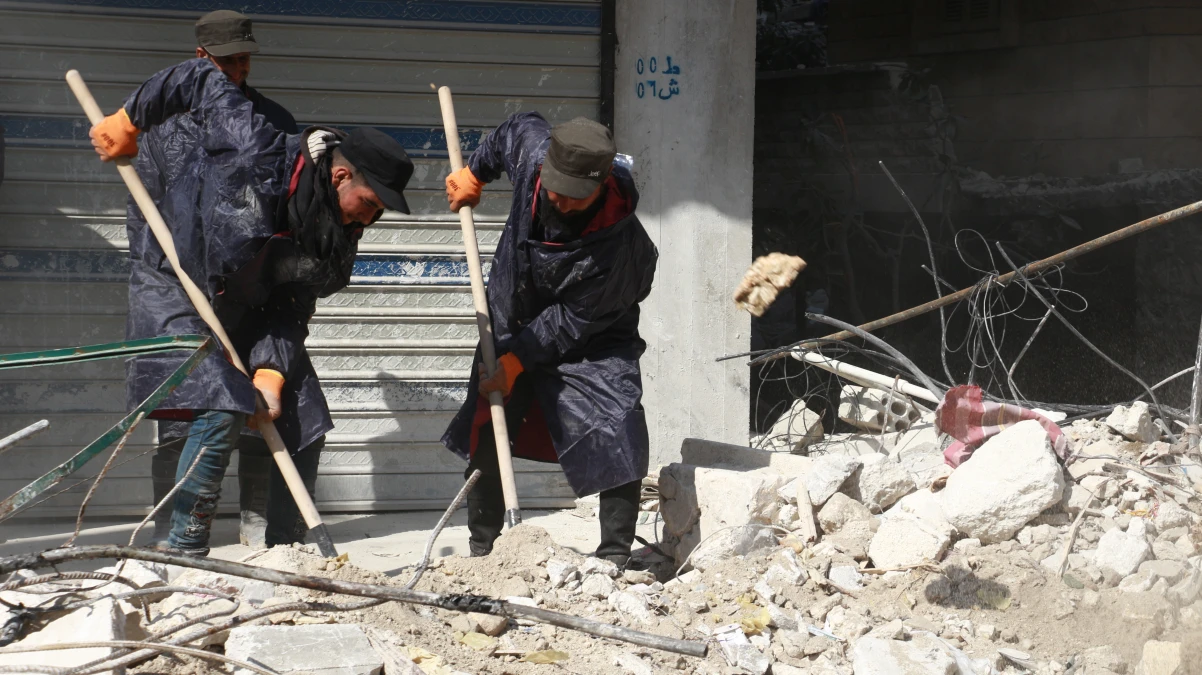 These photos of Ammar, 29, a CFW participant in NWS and his colleagues show them assisitng with the rubble and debirs removal in his city in Idleb governorate in Syria's northwest. Ammar lost many memers of his extended family in teh two deadly earthquakes that hit Syria and Tuerky and volunteered since the very first moments in rescue and roads clearing efforts.